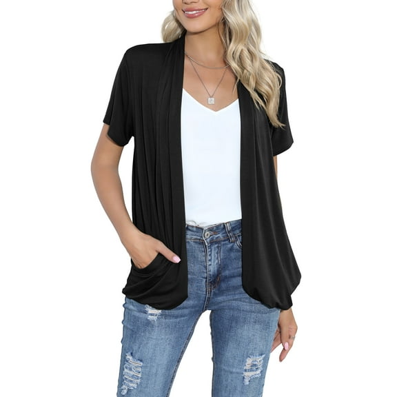 HOWCOME Short Sleeve Cardigan for Women Lightweight Flowy Drape Front Work Cover-up Shrug with Pockets (Medium,Black)