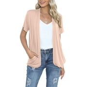 HOWCOME Short Sleeve Cardigan for Women Lightweight Flowy Drape Front Work Cover-up Shrug with Pockets (Medium,Taupe)