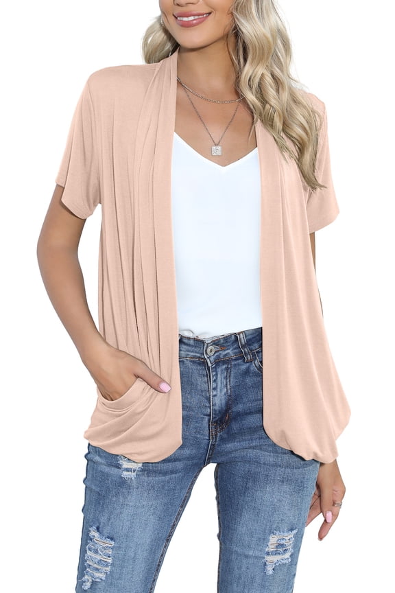 Short Sleeve Cardigan for Women Lightweight Flowy Drape Front Work Cover-up Shrug with Pockets (Medium,Taupe)
