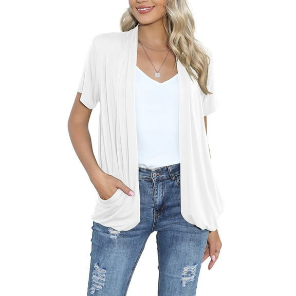 HOWCOME Short Sleeve Cardigan for Women Lightweight Flowy Drape Front Work Cover-up Shrug with Pockets (Medium,White)