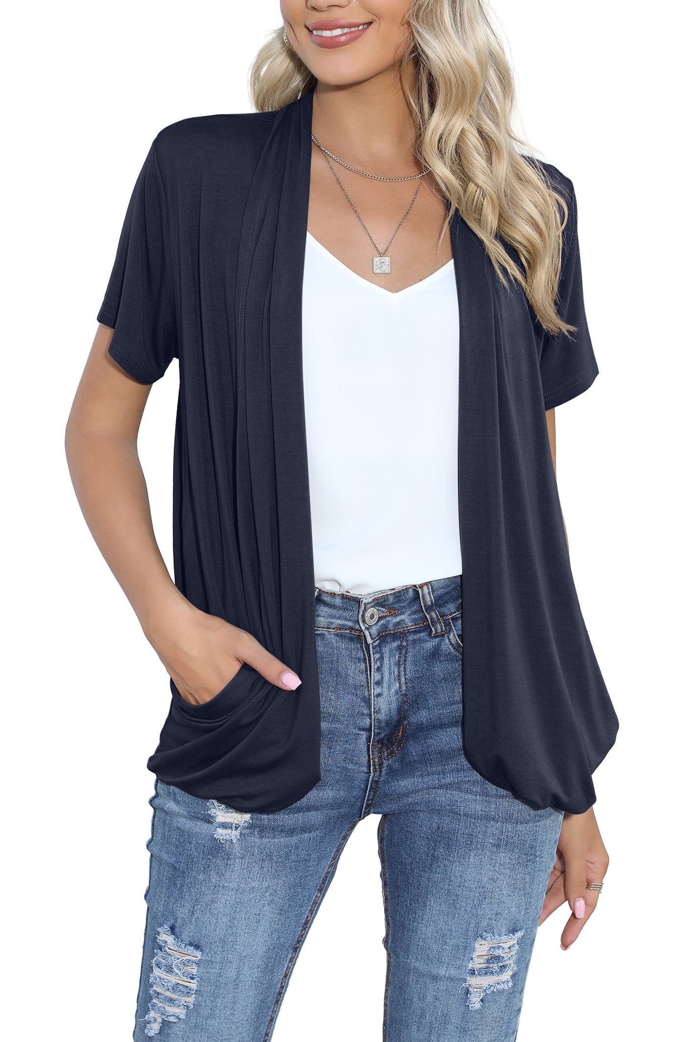 HOWCOME Short Sleeve Cardigans for Women Flowy Drape Front Work Cover up Shrug with Pockets Medium Navy Blue