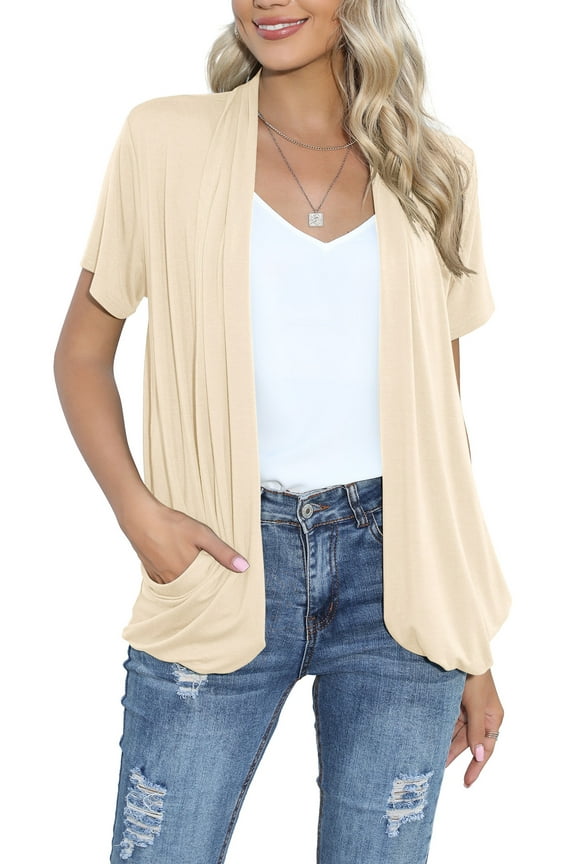 Short Sleeve Cardigans for Women Lightweight Work Cover-up Shrug with Pockets (Medium,Almond)