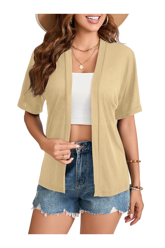 Short Sleeve Open Front Kimono Cardigan Summer Lightweight Cardigan Casual Beach Cover Up Apricot, M