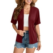 HOWCOME Short Sleeve Open Front Kimono Cardigan Summer Lightweight Cardigan Casual Beach Cover Up Purple Red, L