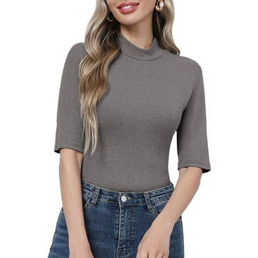 HOWCOME Short Sleeve Women Shirts Mock Neck Slim Fit Summer Tops Basic Tees Dark Gray L