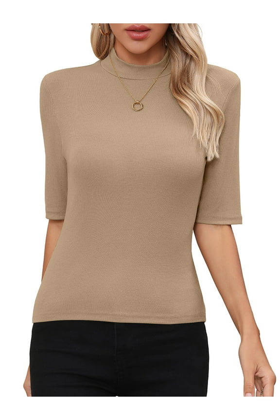 Short Sleeve Women Shirts Mock Neck Slim Fit Summer Tops Basic Tees Khaki L