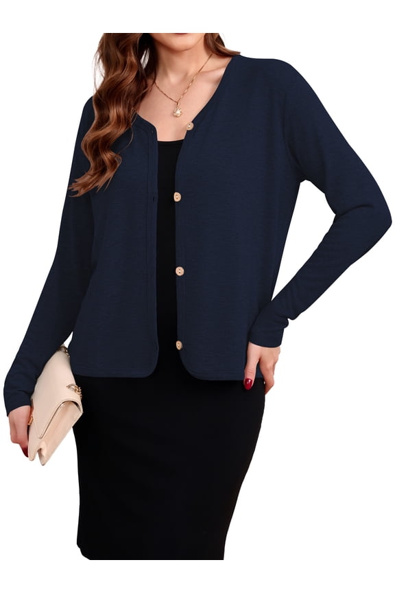 Soft Button-Up Cardigan for Women Lightweight Long Sleeve Knit Sweater, Dressy Shrugs for Dress,Navy Blue L