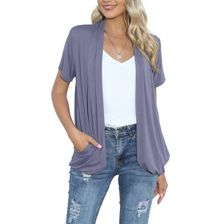 HOWCOME Summer Cardigan for Women Drape Short Sleeves Open front Cardigans with Pockets (Large,Grayish Purple)