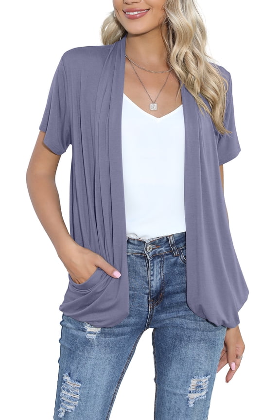 Summer Cardigan for Women Drape Short Sleeves Open front Cardigans with Pockets (Large,Grayish Purple)