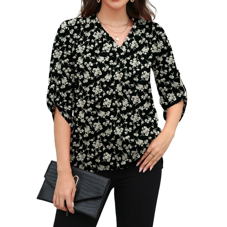 Chiffon Print 3/4 Sleeve V- neck Blouses Chiffon Print 3/4 Sleeve V- neck Blouses