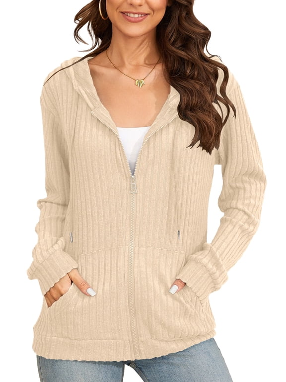 Women Casual Full Zip Up Hoodie - Comfortable Brushed Ribbed Knit Long Sleeve Sweatshirt Jacket with Pockets Apricot 2XL