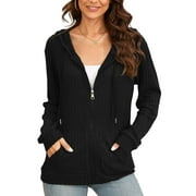 HOWCOME Basic Lightweight Full Zip Hoodie for Women Long Sleeve Thin Cardigan Jacket Drawcord Hood and Kangaroo Pockets Brown X-Large