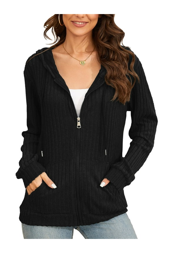 Women Casual Full Zip Up Hoodie - Comfortable Brushed Ribbed Knit Long Sleeve Sweatshirt Jacket with Pockets Black X-Large