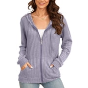 HOWCOME Women Casual Full Zip Up Hoodie - Comfortable Brushed Ribbed Knit Long Sleeve Sweatshirt Jacket with Pockets Light Purple 2X-Large