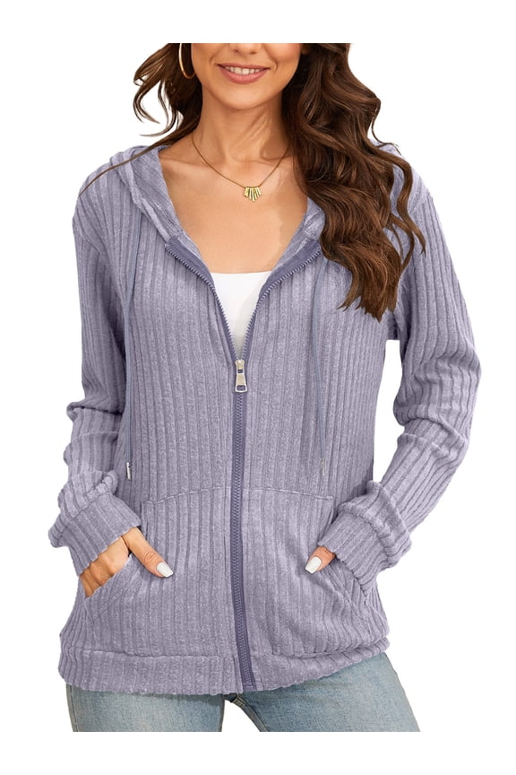 Women Casual Full Zip Up Hoodie - Comfortable Brushed Ribbed Knit Long Sleeve Sweatshirt Jacket with Pockets Light Purple 2X-Large