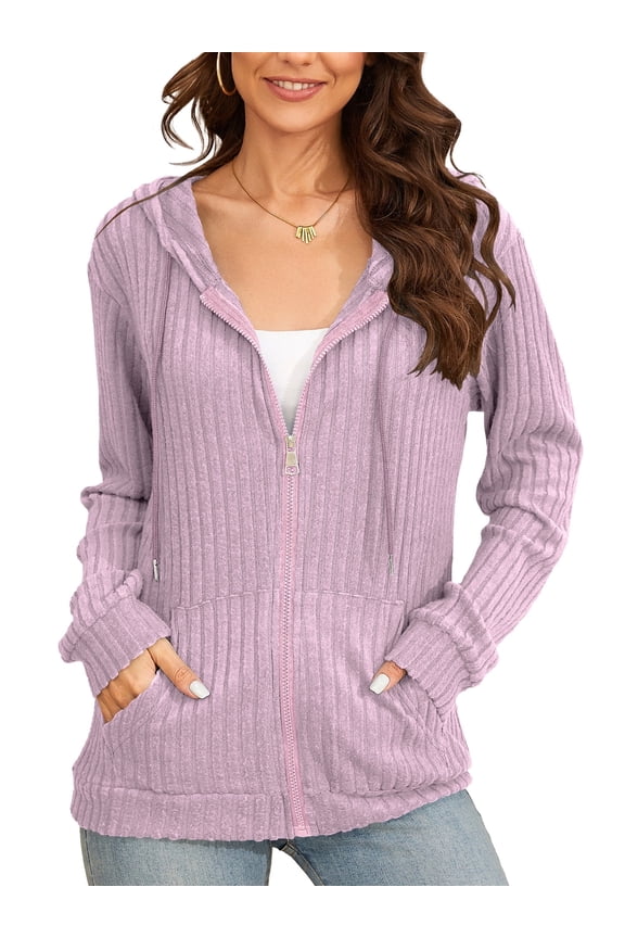 Women Casual Full Zip Up Hoodie - Comfortable Brushed Ribbed Knit Long Sleeve Sweatshirt Jacket with Pockets Purple Pink 2X-Large