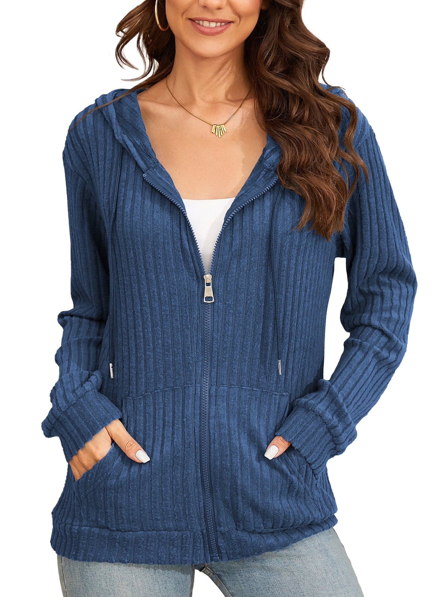 HOWCOME Women Casual Full Zip Up Hoodie - Comfortable Brushed Ribbed Knit Long Sleeve Sweatshirt Jacket with Pockets Royal Blue X-Large