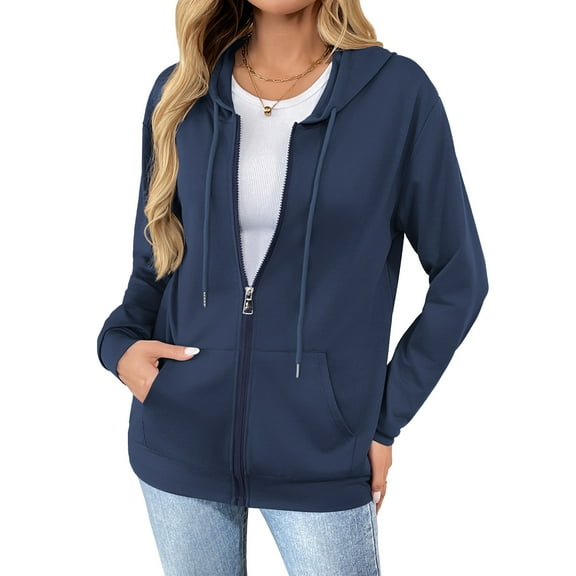 HOWCOME Women Casual Full Zip Up Hoodie - Lightweight Long Sleeve Sweatshirt Jacket with Pockets Fall/Winter Jacket, Navy Blue 2X-Large