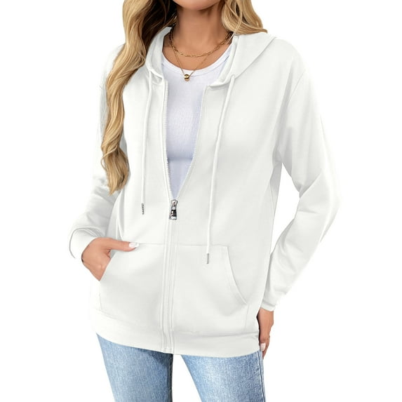 HOWCOME Women Casual Full Zip Up Hoodie - Lightweight Long Sleeve Sweatshirt Jacket with Pockets Fall/Winter Jacket, White 2X-Large