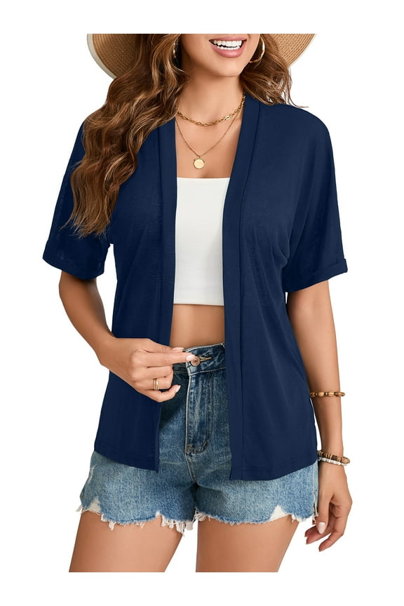 Women Summer Lightweight Open Front Short Sleeve Cardigan Casual Loose Cover Ups Navy Blue, L
