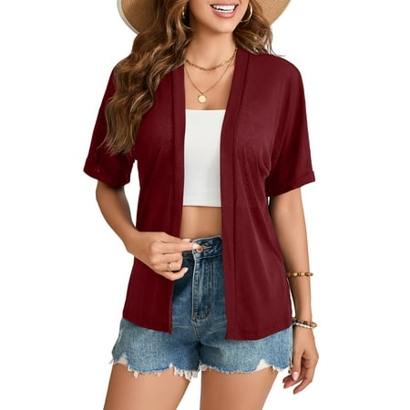HOWCOME Women Summer Lightweight Open Front Short Sleeve Cardigan Casual Loose Cover Ups Purple Red, M