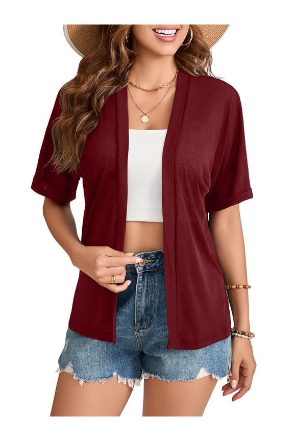 Women Summer Lightweight Open Front Short Sleeve Cardigan Casual Loose Cover Ups Purple Red, M