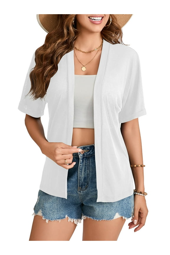 Women Summer Lightweight Open Front Short Sleeve Cardigan Casual Loose Cover Ups White, L