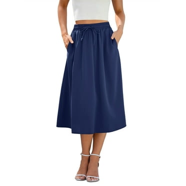 HOWCOME Women's 2024 Bohemian A Line Skirt Elastic Waist Floral Printed Midi Skirts with Pockets Navy Blue, L
