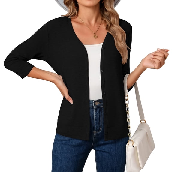 HOWCOME Women's 3/4 Sleeve Cardigan Sweater Lightweight Button-Down Knitted Layers, Black 2XL