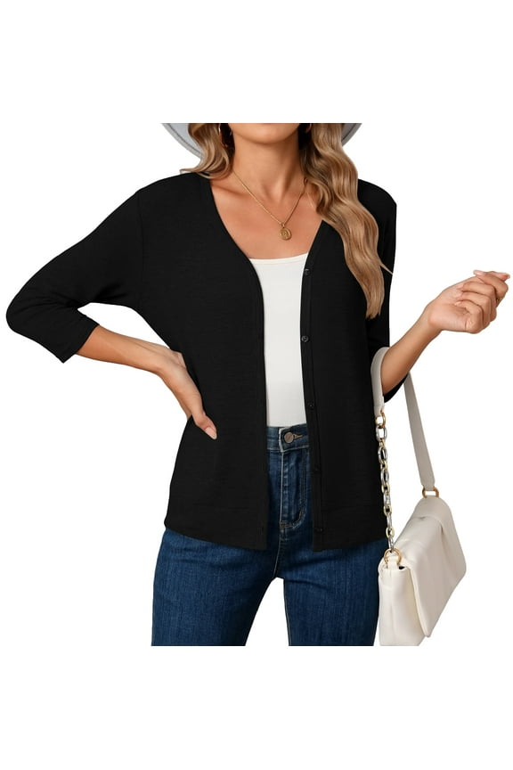 Women's 3/4 Sleeve Cardigan Sweater Lightweight Button-Down Knitted Layers, Black 2XL