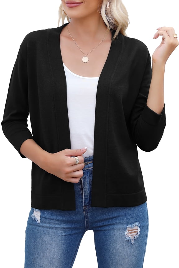 Women's 3/4 Sleeve Cropped Cardigans Sweaters Jackets Open Front Short Shrugs(Black,XL)