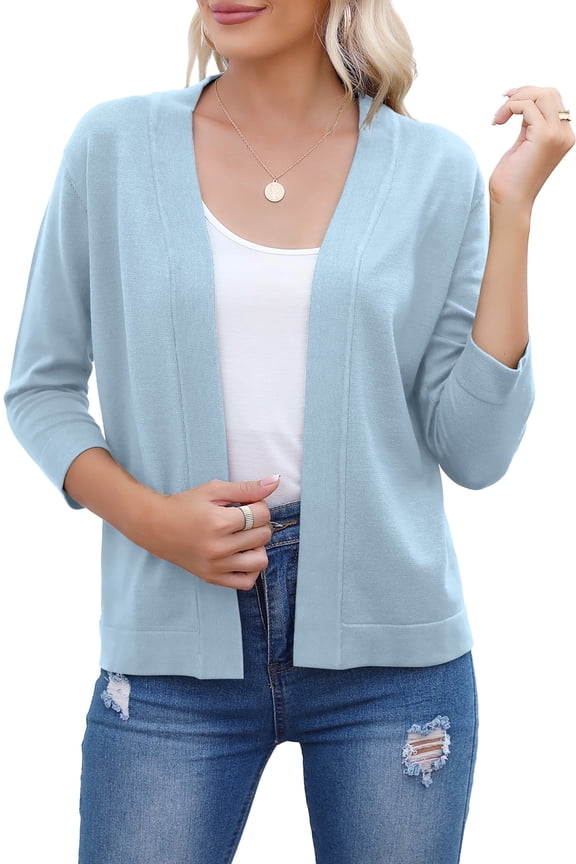 Women's 3/4 Sleeve Cropped Cardigans Sweaters Jackets Open Front Short Shrugs(Light Blue,XL)