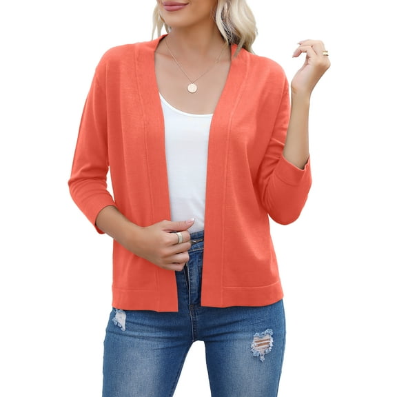 HOWCOME Women's 3/4 Sleeve Open Front Cropped Cardigan Sweater Elegant Shrugs(Bright Orange,L)