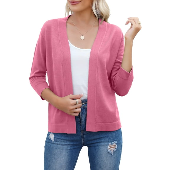 HOWCOME Women's 3/4 Sleeve Open Front Cropped Cardigan Sweater Elegant Shrugs(Coral Pink,L)