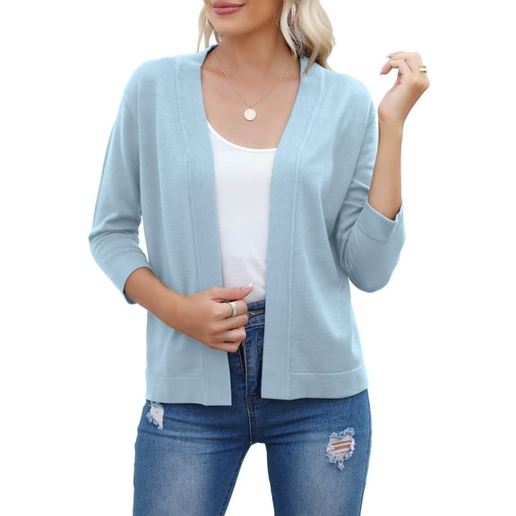HOWCOME Women's 3/4 Sleeve Open Front Cropped Cardigan Sweater Elegant Shrugs(Light Blue,L)