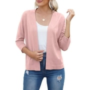 HOWCOME Women's 3/4 Sleeve Open Front Cropped Cardigan Sweater Elegant Shrugs(Pink,L)