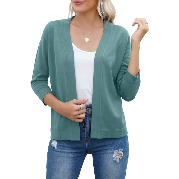 HOWCOME Women's 3/4 Sleeve Open Front Cropped Cardigan Sweater Elegant Shrugs(Sage Green,L)