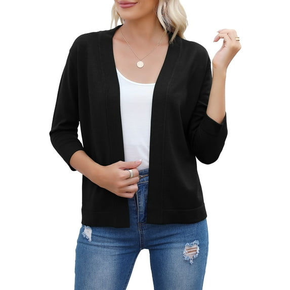 HOWCOME Women's 3/4 Sleeve Shrugs Lightweight Open Front Cropped Cardigan(Black,M)