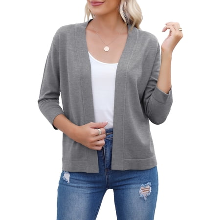 HOWCOME Women's 3/4 Sleeve Shrugs Lightweight Open Front Cropped Cardigan(Dark Gray,M)