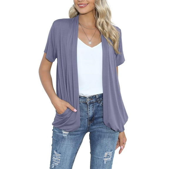 HOWCOME Women’s Cardigans Loose Fit Short Sleeve Beach Cover Up with Slouchy Pockets (X-Large,Grayish Purple)