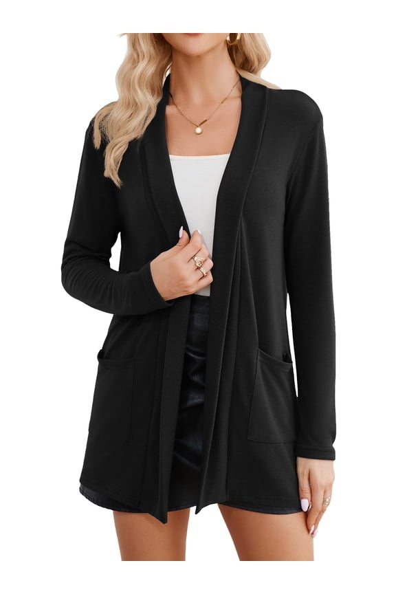 Women’s Casual Open Front Cardigan Soft Knit Long Sleeve Sweater Shrugs with Pockets,Black M