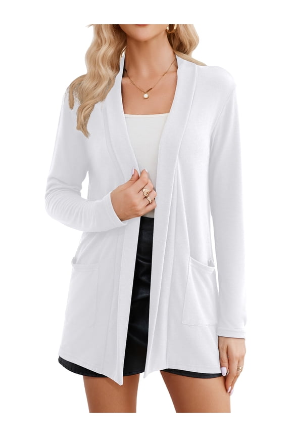 Women’s Casual Open Front Cardigan Soft Knit Long Sleeve Sweater Shrugs with Pockets,White L