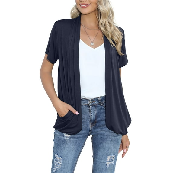 HOWCOME Women’s Lightweight Cardigans Loose Fit Short Sleeve Beach Cover Up with Slouchy Pockets (X-Large,Navy Blue)
