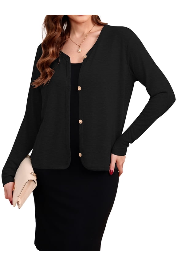 Women's Lightweight Cropped Cardigan Long Sleeve Button Down Knit Sweater for Layering,Black XL