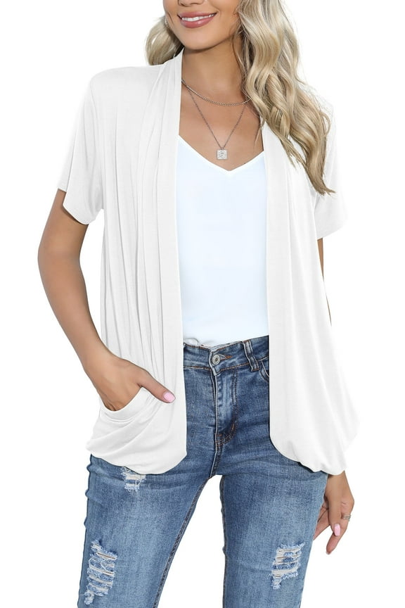 Women’s Lightweight Kimono Cardigans Loose Fit Short Sleeve thin Beach Cover Up with Slouchy Pockets (X-Large,White)