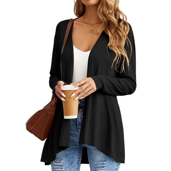 HOWCOME Women's Lightweight Open-Front Cardigan Sweater Casual Long Sleeve Cover Ups, Black, L