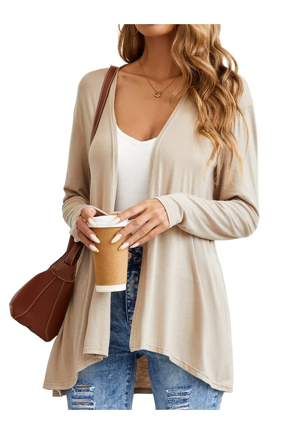 Women's Lightweight Open-Front Cardigan Sweater Casual Long Sleeve Cover Ups, Light Khaki, L