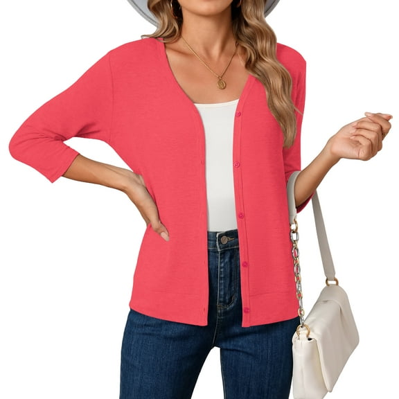 HOWCOME Women's Lightweight V‑Neck Button Up Cardigan – Soft Knit 3/4‑Sleeve Sweater Top Layer, Coral Red L