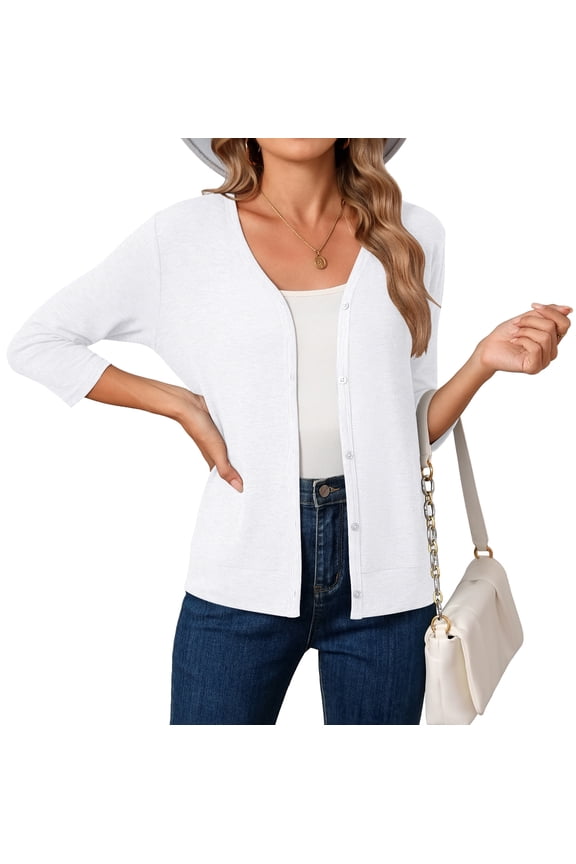 Women's Lightweight V‑Neck Button Up Cardigan – Soft Knit 3/4‑Sleeve Sweater Top Layer, White XL
