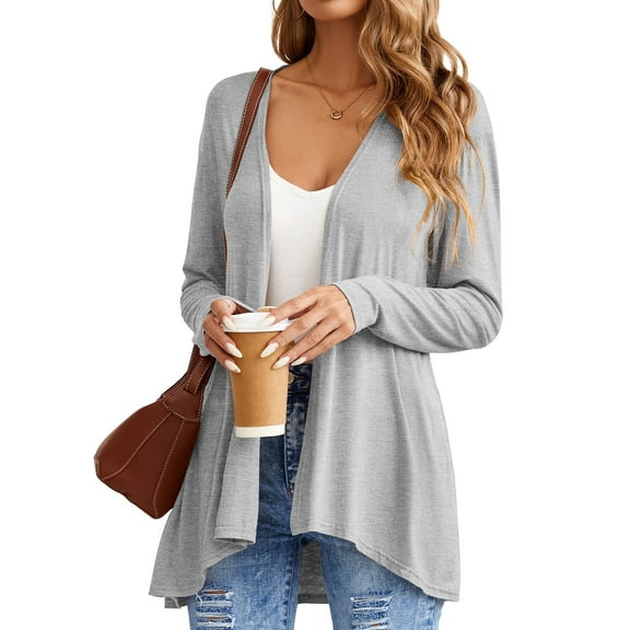 HOWCOME Women's Long Sleeve Open Front Cardigans Casual Lightweight Cover Ups, Light Gray, 2XL